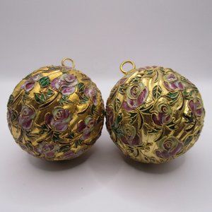 Two Vintage Cloisonné Enamel Floral Ball Ornaments